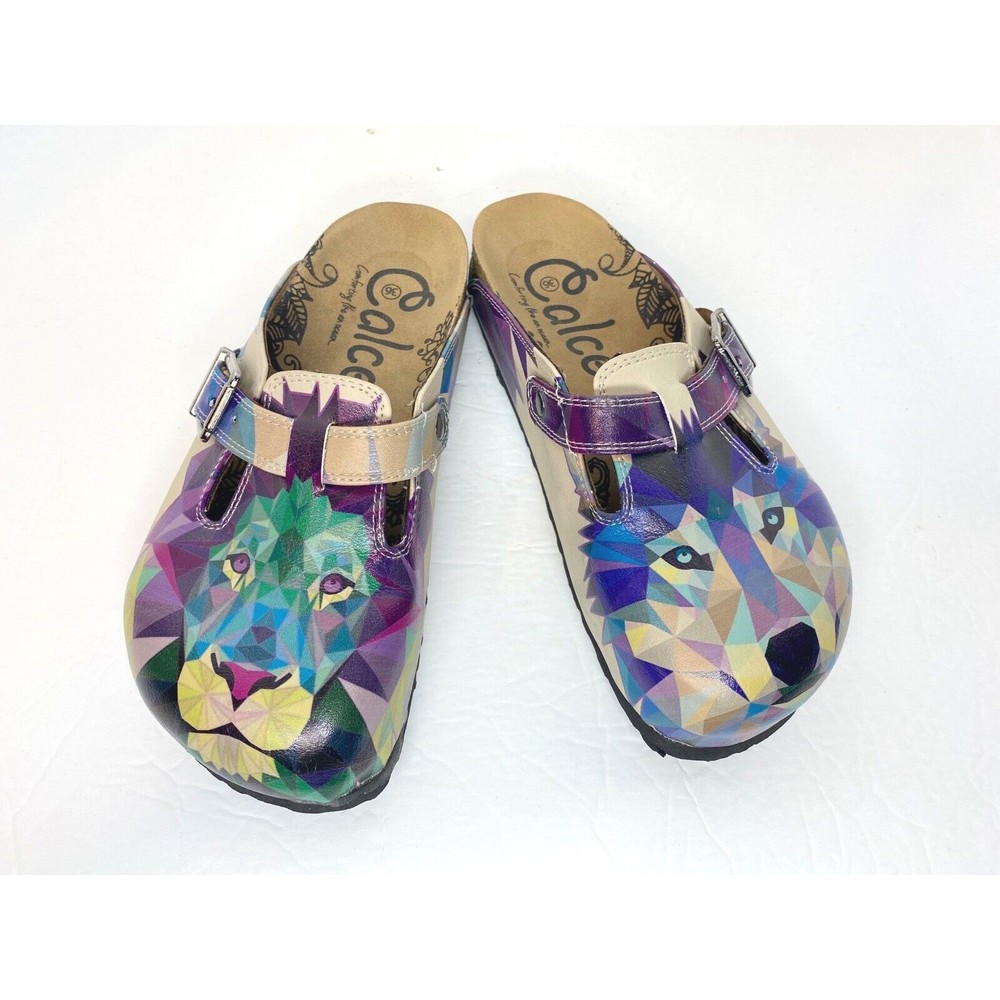 Calceo Womens Nature Lion and Woof Multicolor Slip-on Clogs size EU 36 US 6 NEW
